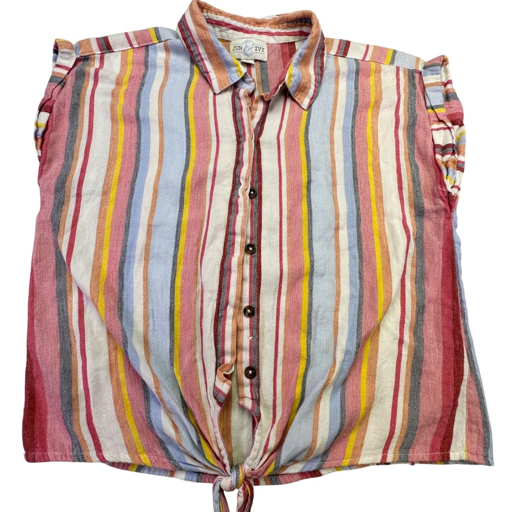 Jun & Ivy Shirt‎ Women's Small Striped Tie Front Button Down Multi Color Casual